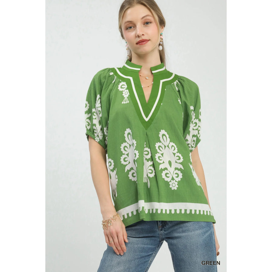 Umgee Boho Print Split-Neck Short Sleeve Top GREEN / S Apparel and Accessories