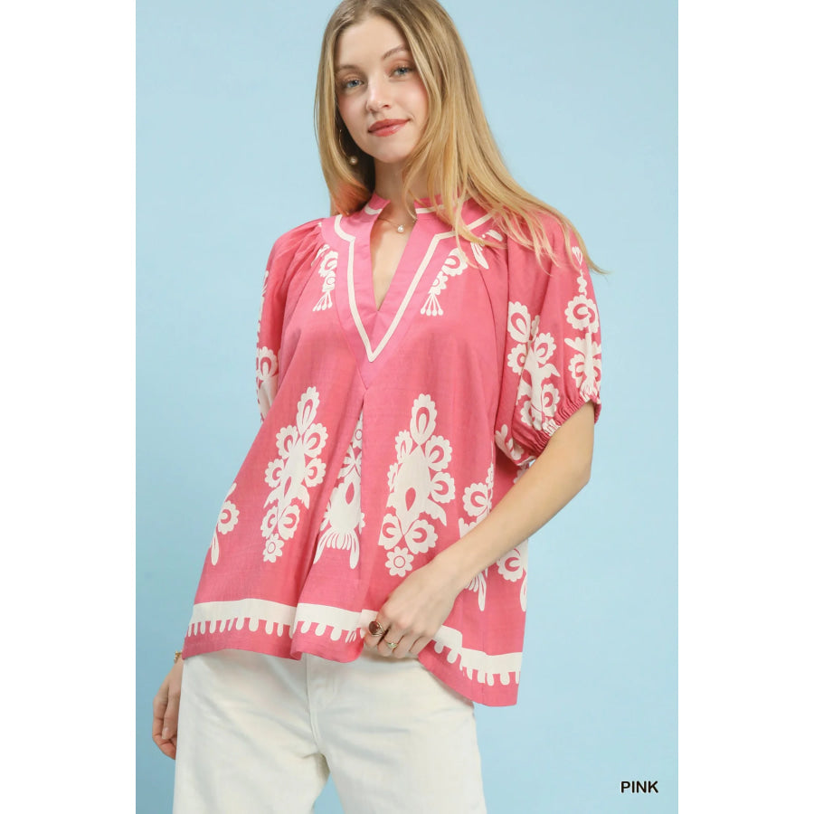 Umgee Boho Print Split-Neck Short Sleeve Top PINK / S Apparel and Accessories