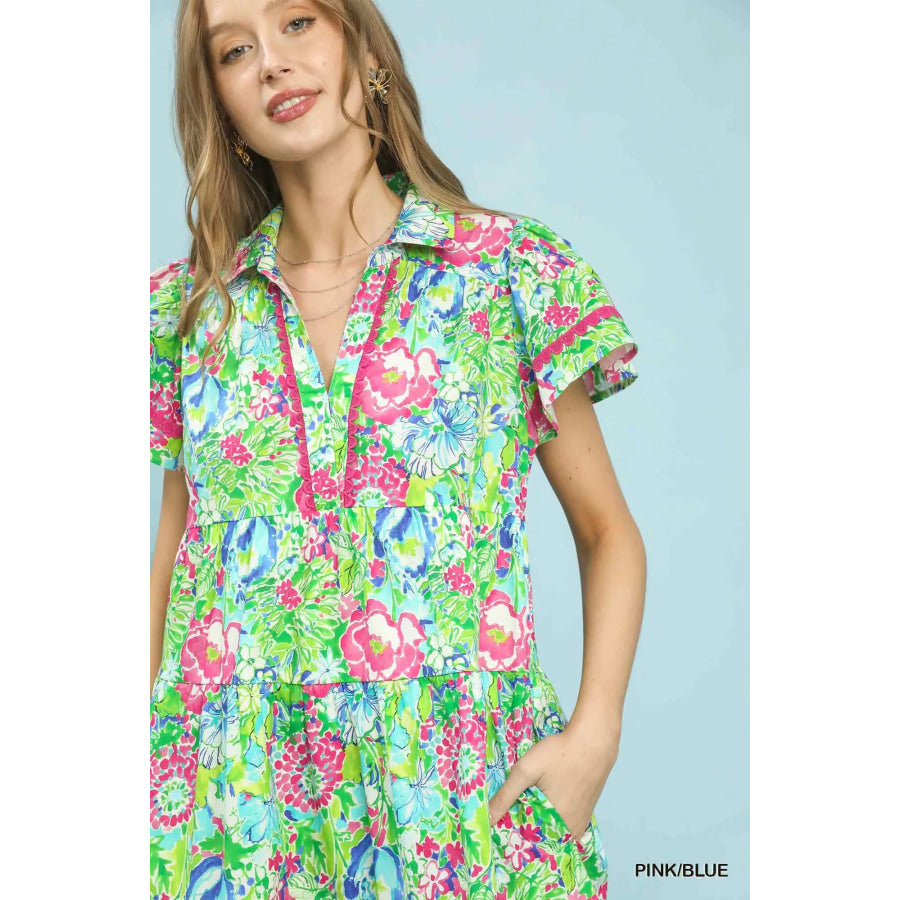 Umgee Bold Mixed Floral Tiered Midi Dress Apparel and Accessories
