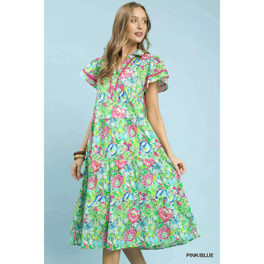 Umgee Bold Mixed Floral Tiered Midi Dress PINK / BLUE / S Apparel and Accessories