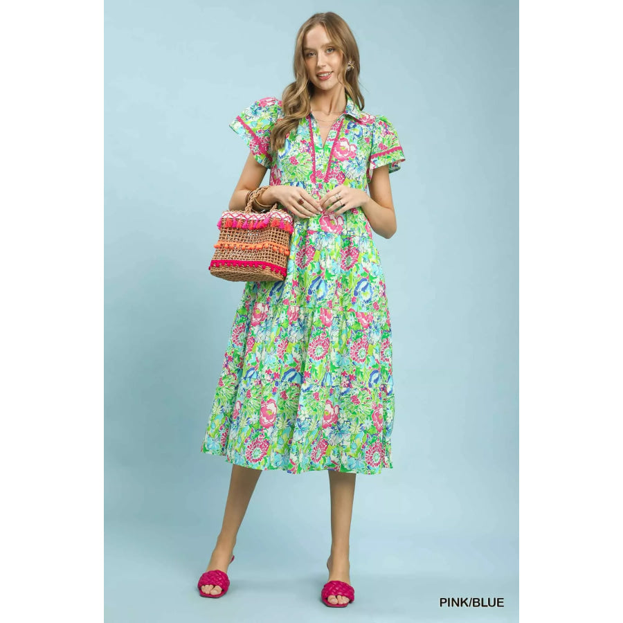 Umgee Bold Mixed Floral Tiered Midi Dress Apparel and Accessories