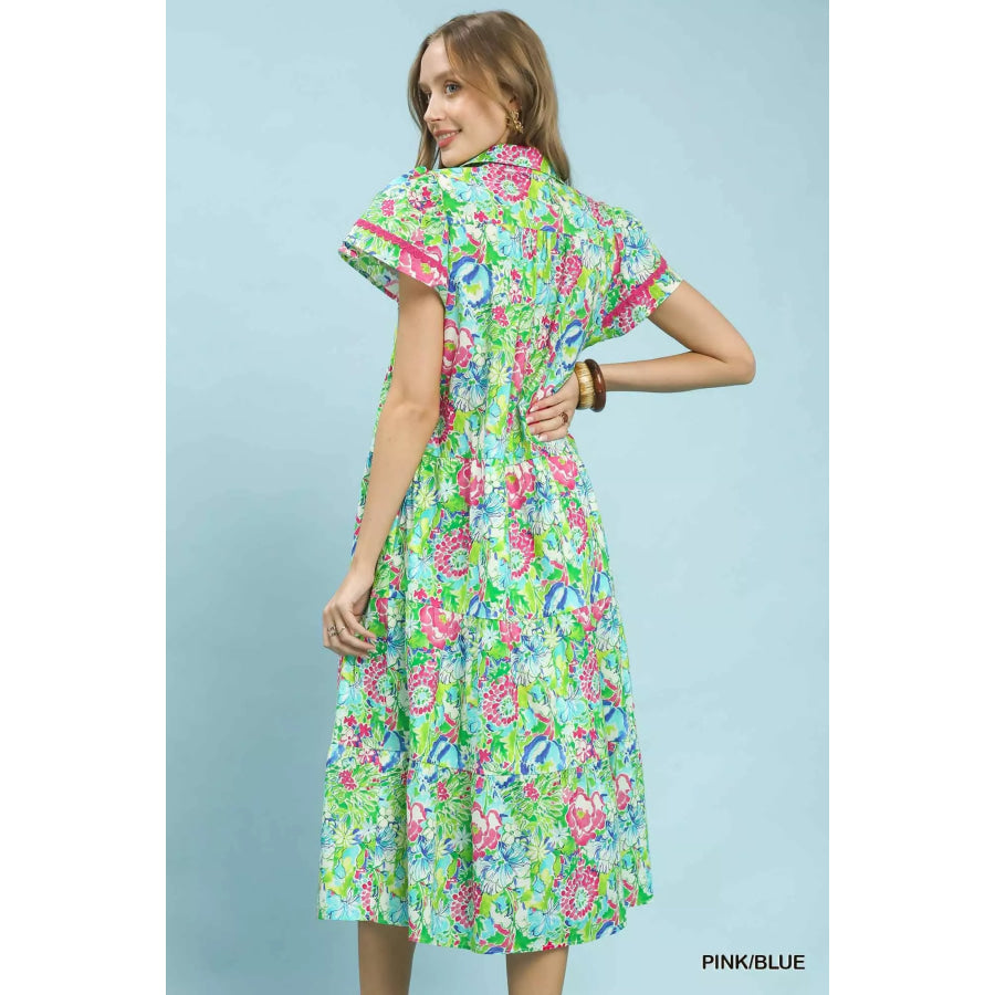 Umgee Bold Mixed Floral Tiered Midi Dress Apparel and Accessories