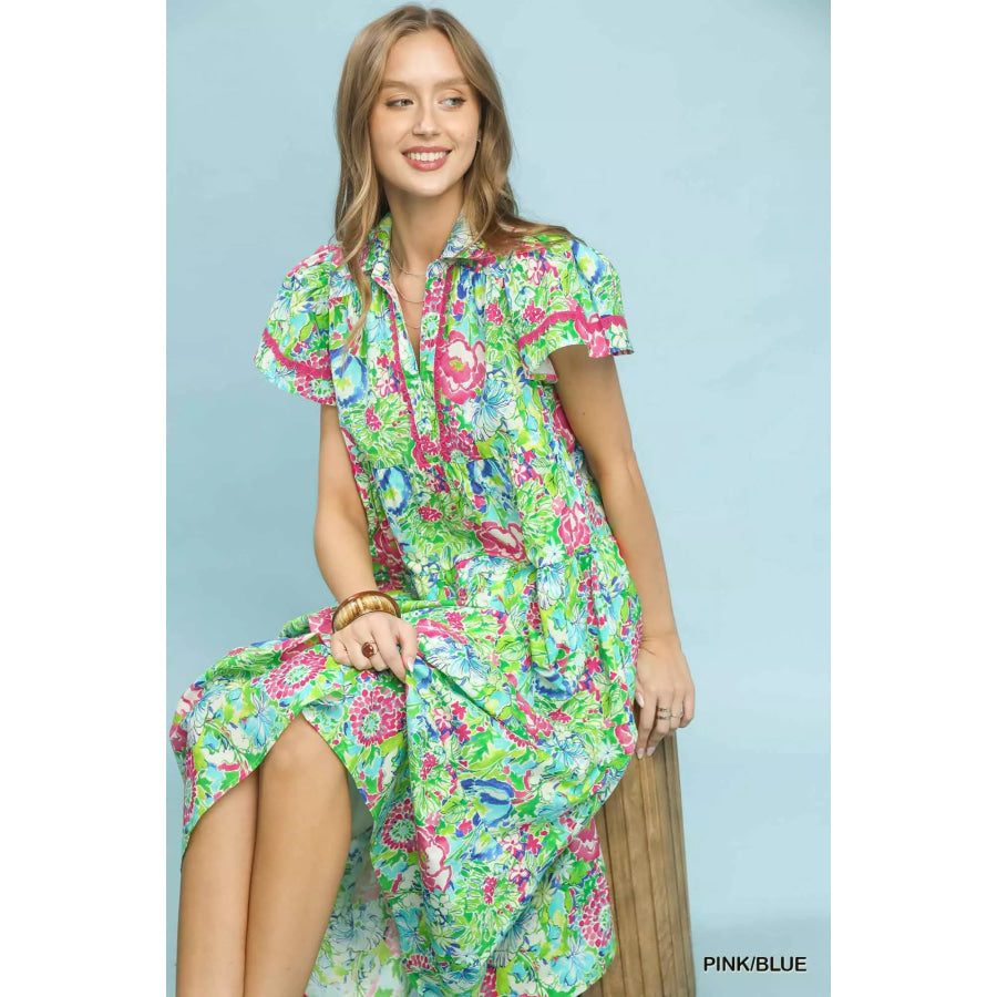 Umgee Bold Mixed Floral Tiered Midi Dress Apparel and Accessories
