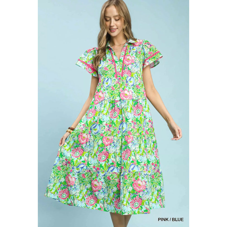 Umgee Bold Mixed Floral Tiered Midi Dress PINK / BLUE / S Apparel and Accessories