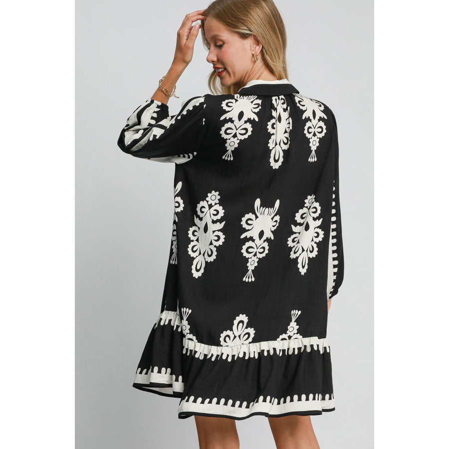 Umgee Border Print Button Down Ruffled Hem Dress Black / S Apparel and Accessories