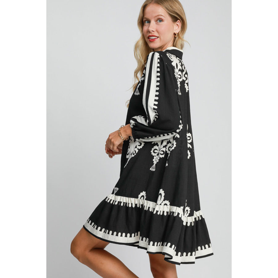 Umgee Border Print Button Down Ruffled Hem Dress Apparel and Accessories