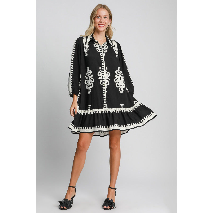 Umgee Border Print Button Down Ruffled Hem Dress Apparel and Accessories