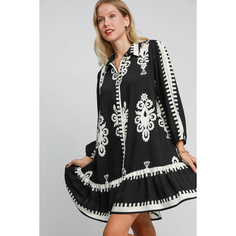 Umgee Border Print Button Down Ruffled Hem Dress Black / S Apparel and Accessories