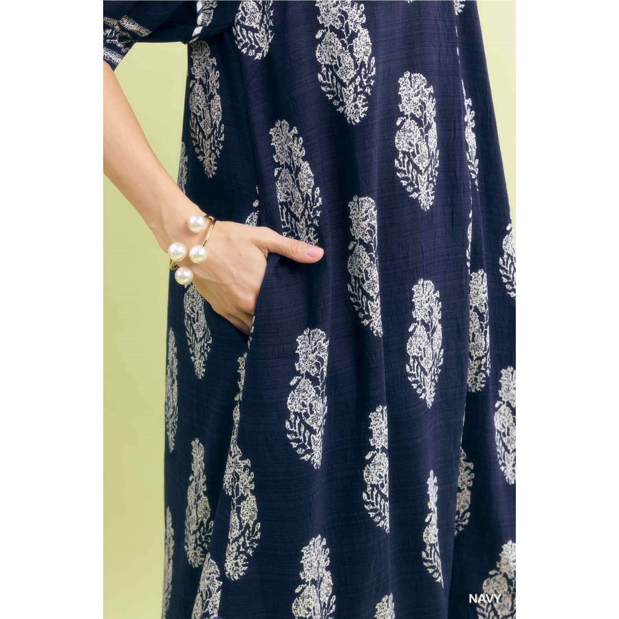 Umgee Border Print Collared Midi Dress Apparel and Accessories