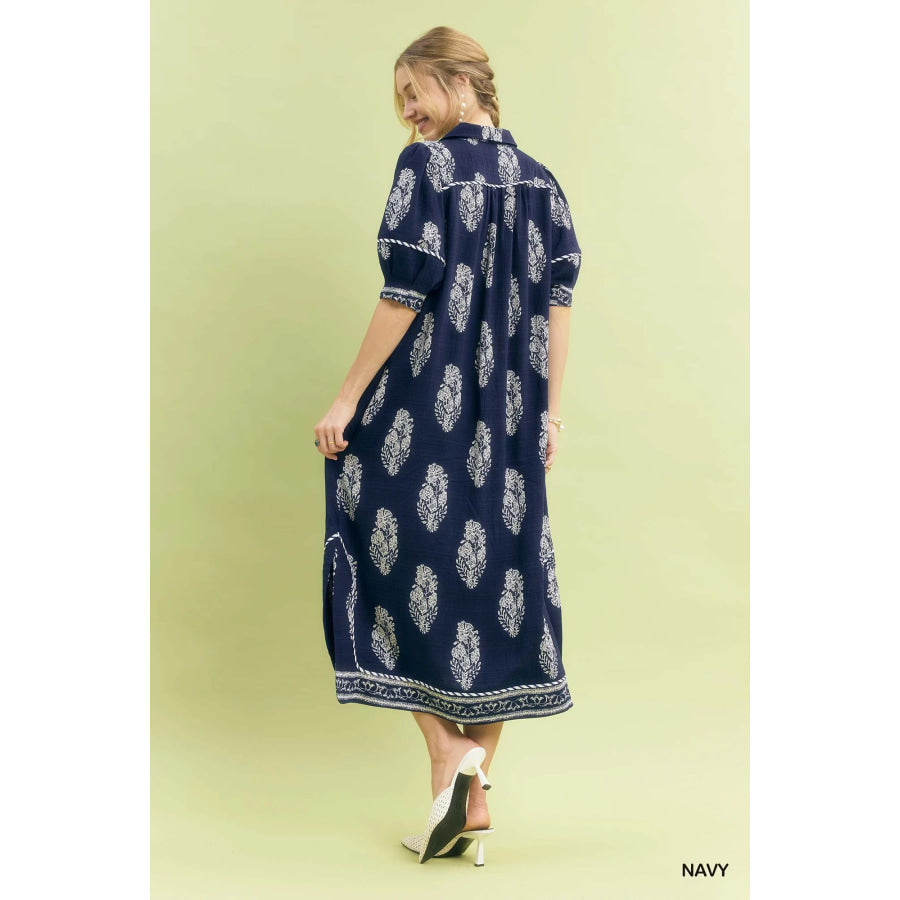 Umgee Border Print Collared Midi Dress Apparel and Accessories