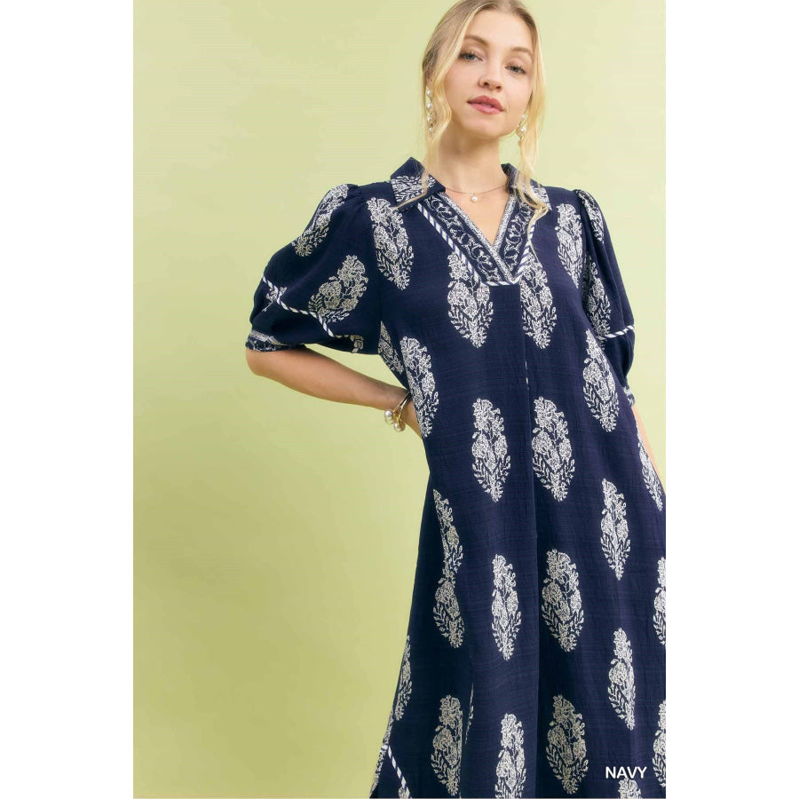 Umgee Border Print Collared Midi Dress Apparel and Accessories