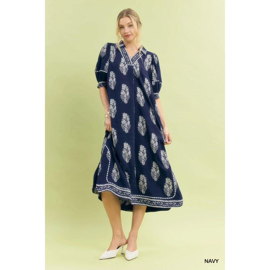 Umgee Border Print Collared Midi Dress NAVY / S Apparel and Accessories