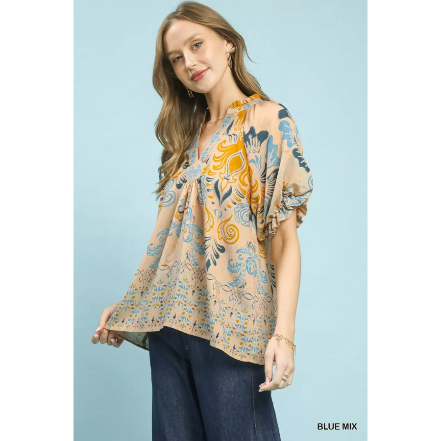 Umgee Border Print Puff Sleeve V-Neck Blouse BLUE MIX / S Apparel and Accessories