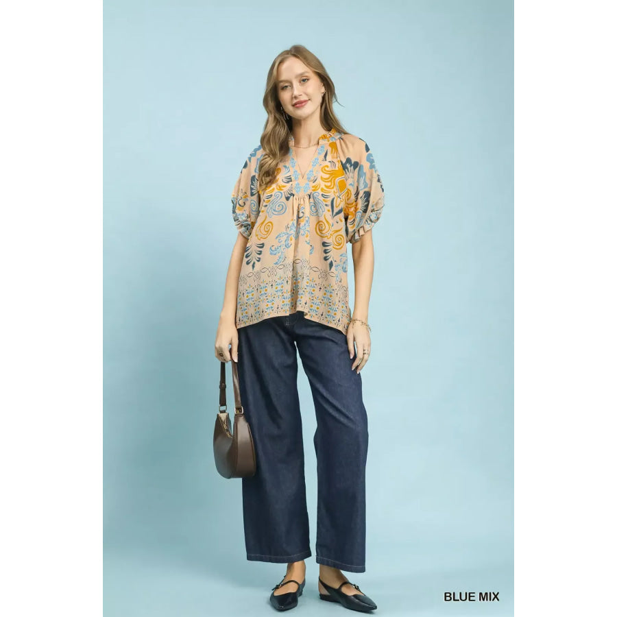 Umgee Border Print Puff Sleeve V-Neck Blouse Apparel and Accessories