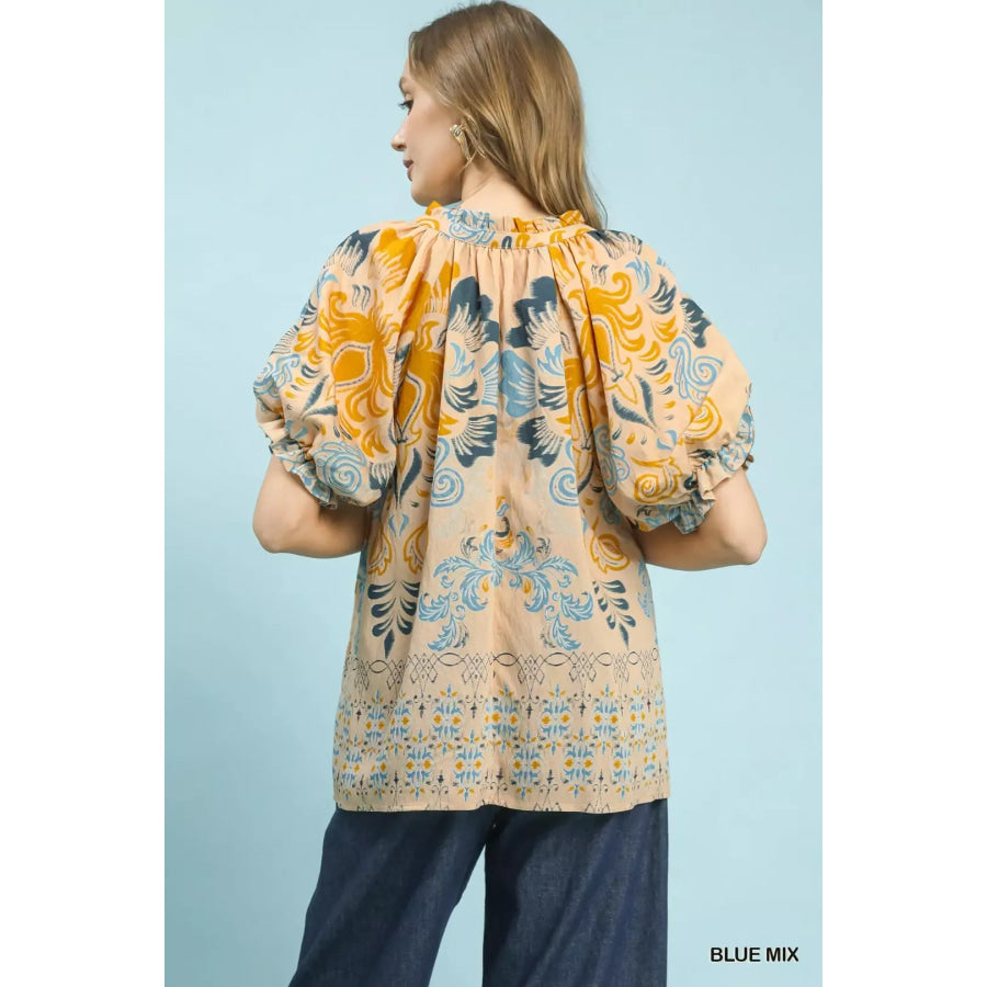 Umgee Border Print Puff Sleeve V-Neck Blouse Apparel and Accessories