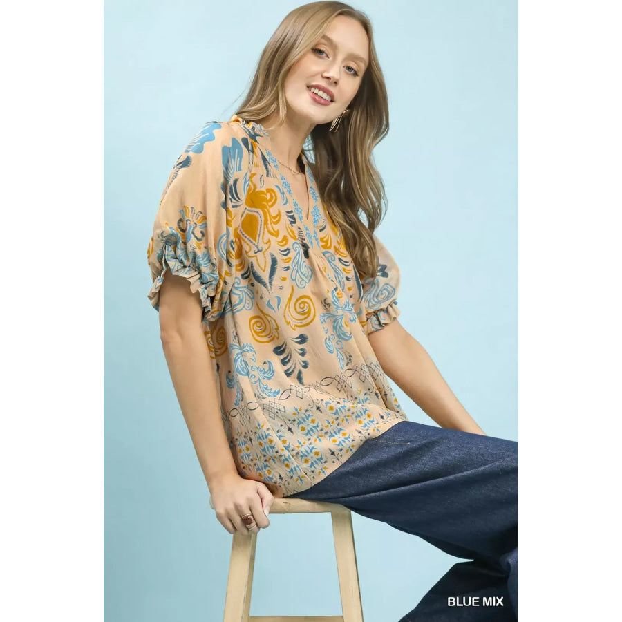 Umgee Border Print Puff Sleeve V-Neck Blouse Apparel and Accessories