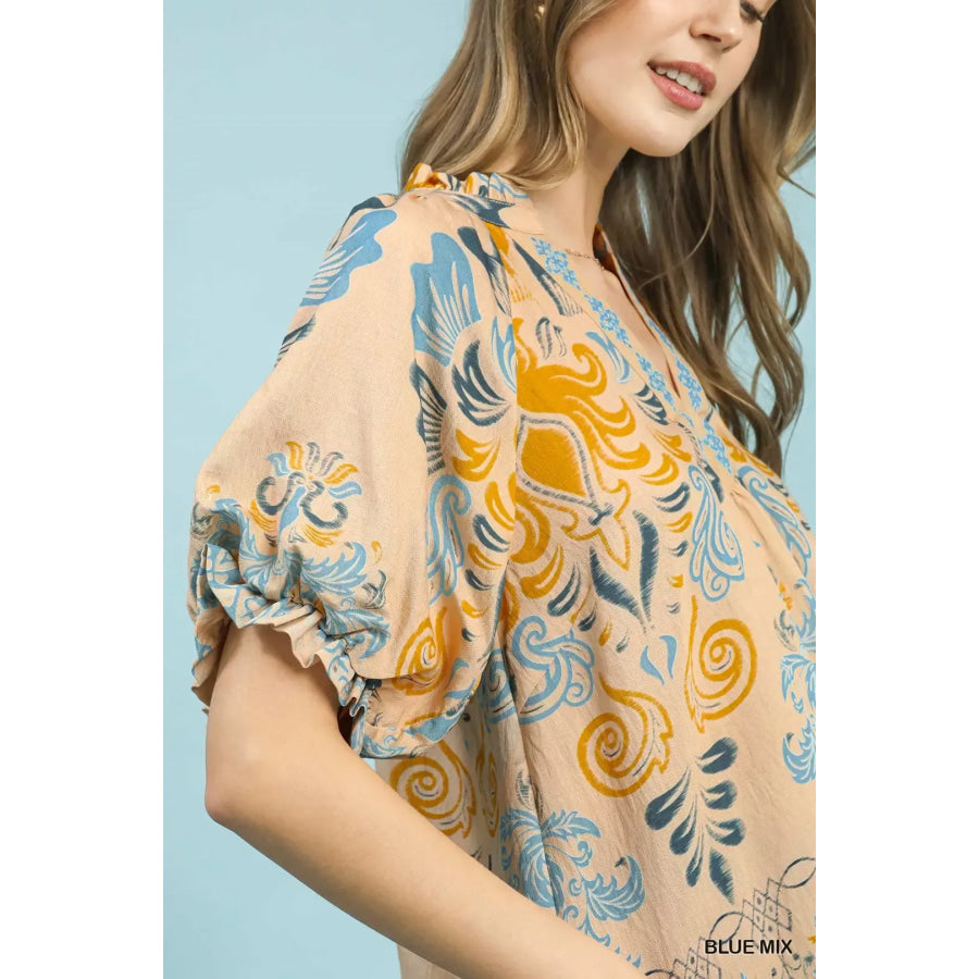 Umgee Border Print Puff Sleeve V-Neck Blouse Apparel and Accessories