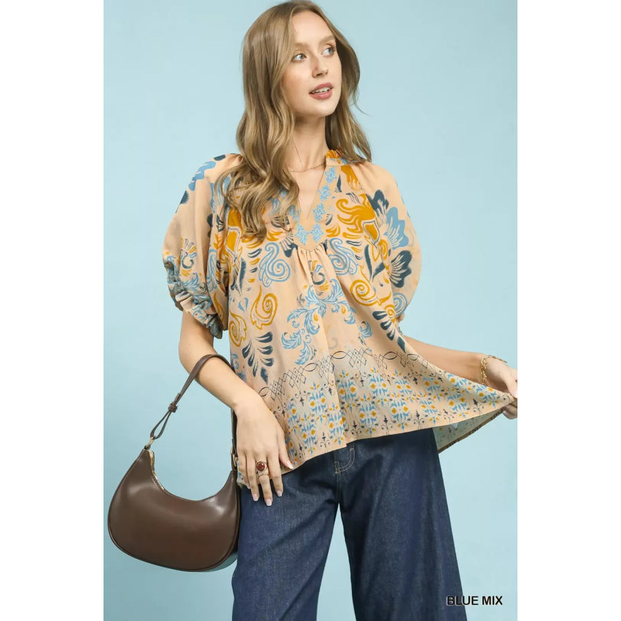 Umgee Border Print Puff Sleeve V-Neck Blouse BLUE MIX / S Apparel and Accessories