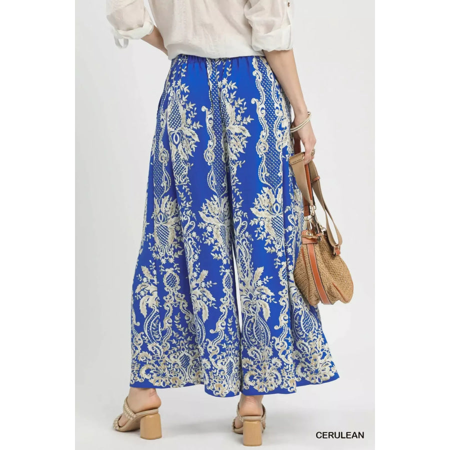 Umgee Border Print Wide Leg Pants Apparel and Accessories