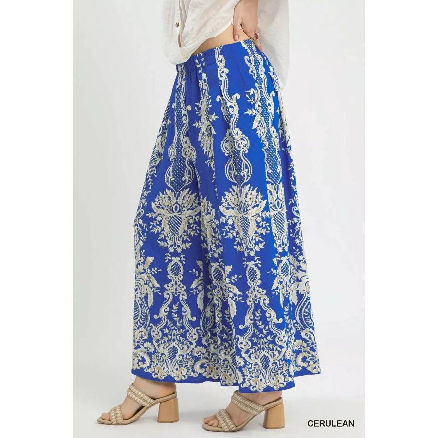 Umgee Border Print Wide Leg Pants Apparel and Accessories