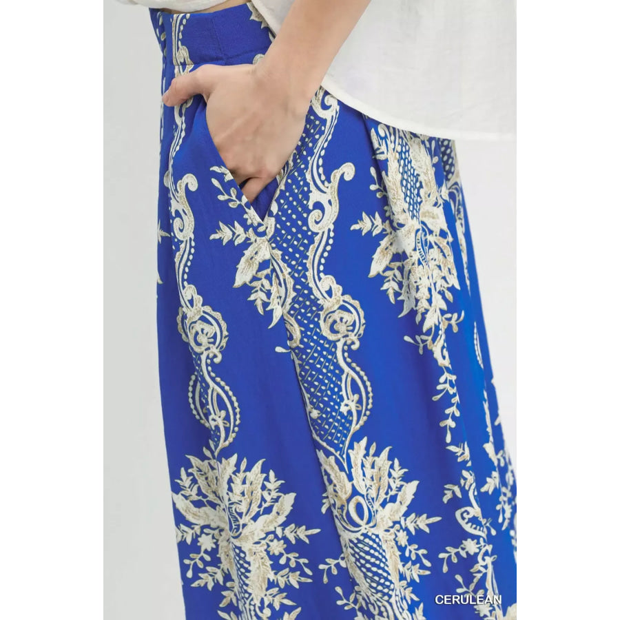 Umgee Border Print Wide Leg Pants Apparel and Accessories