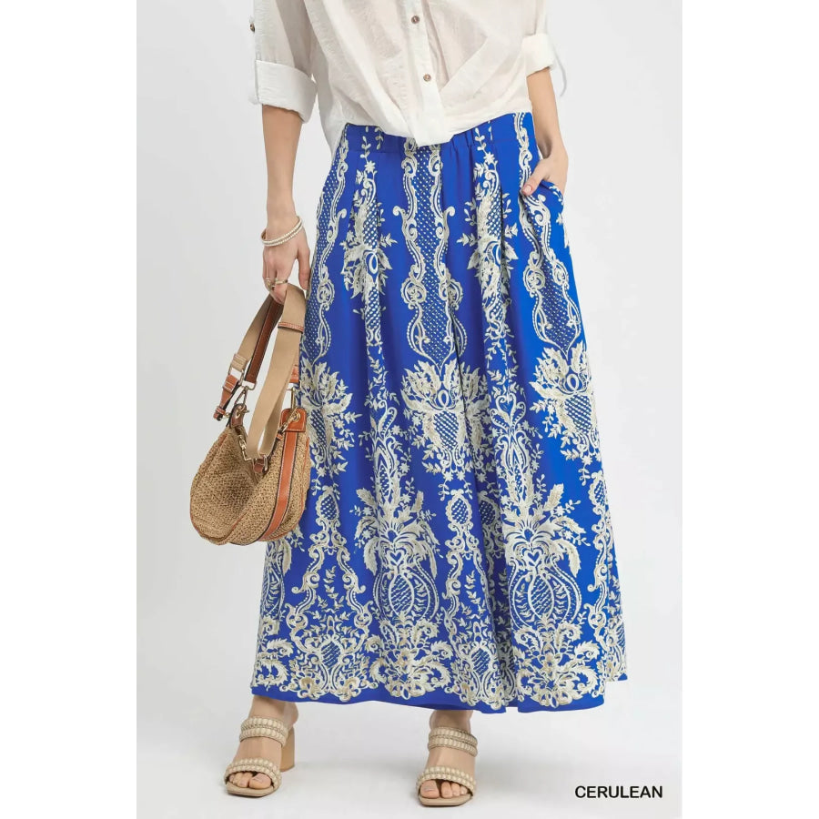 Umgee Border Print Wide Leg Pants CERULEAN / S Apparel and Accessories