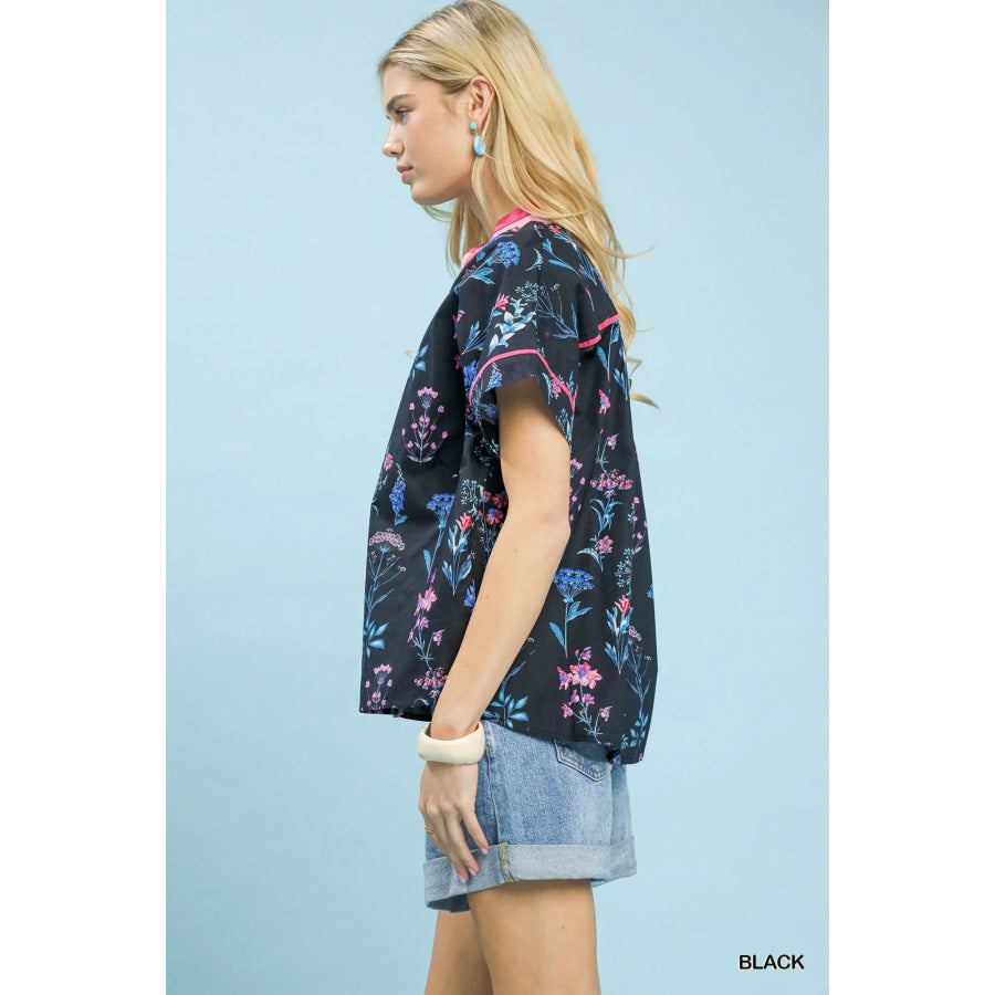 Umgee Botanical Floral Button Front Top Black / S Apparel and Accessories
