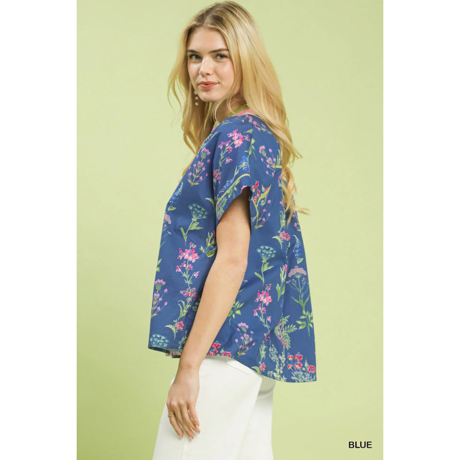 Umgee Botanical Floral Button Front Top Blue / S Apparel and Accessories
