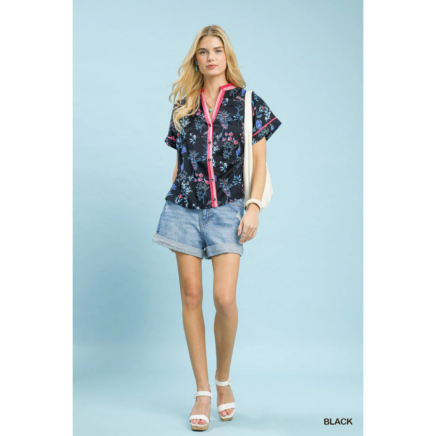 Umgee Botanical Floral Button Front Top Apparel and Accessories