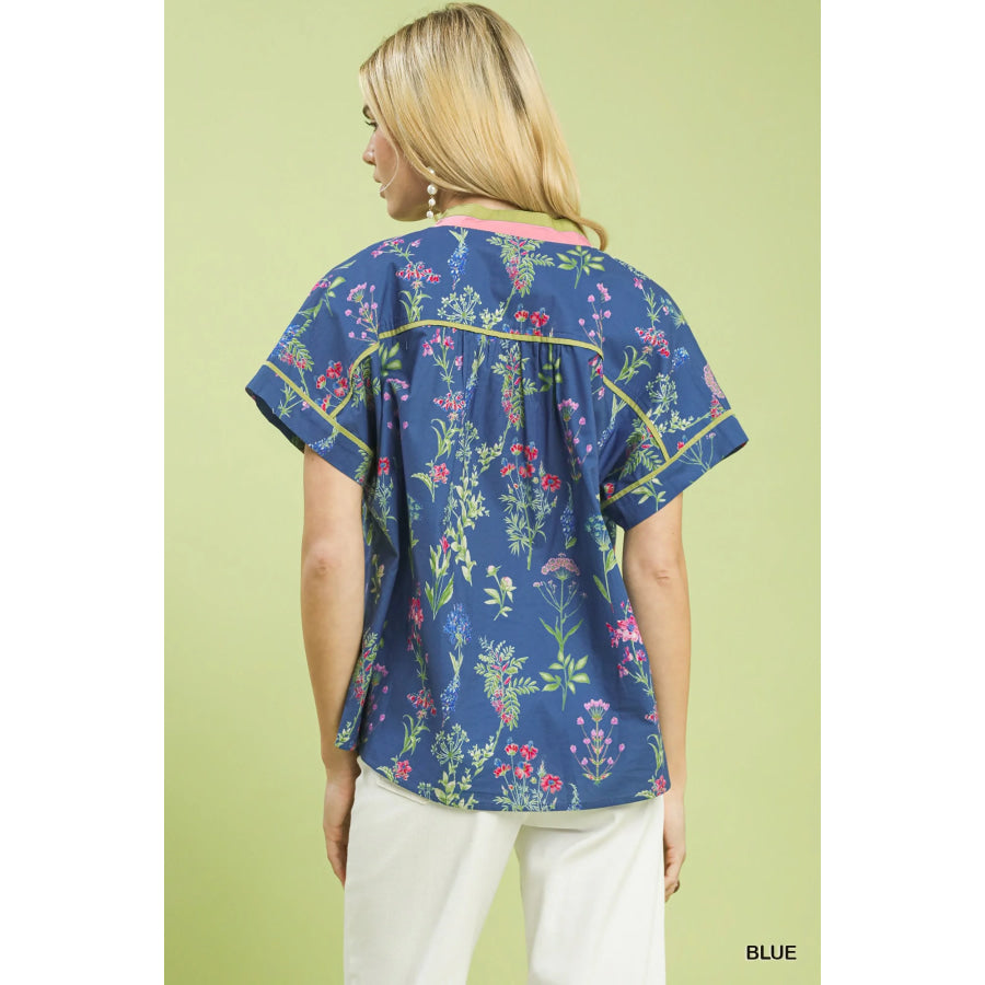Umgee Botanical Floral Button Front Top Apparel and Accessories