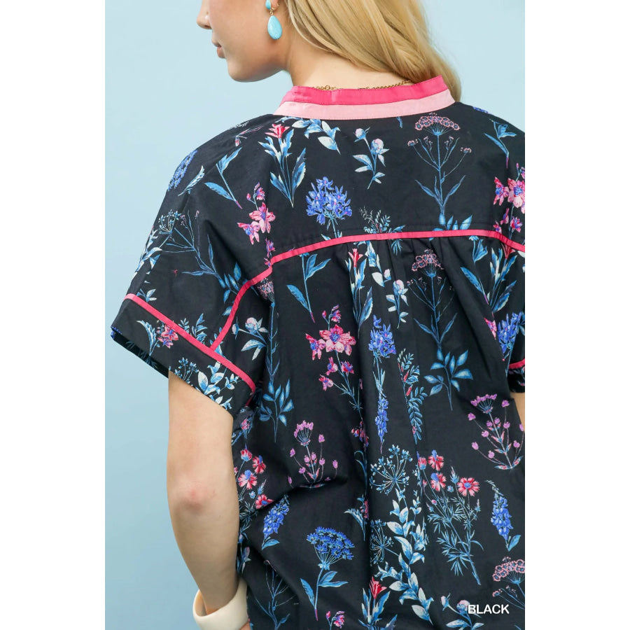 Umgee Botanical Floral Button Front Top Apparel and Accessories