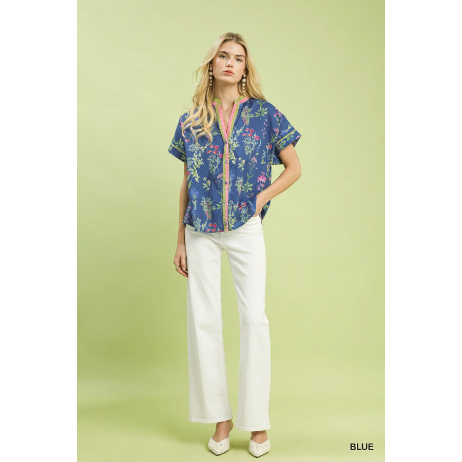 Umgee Botanical Floral Button Front Top Apparel and Accessories