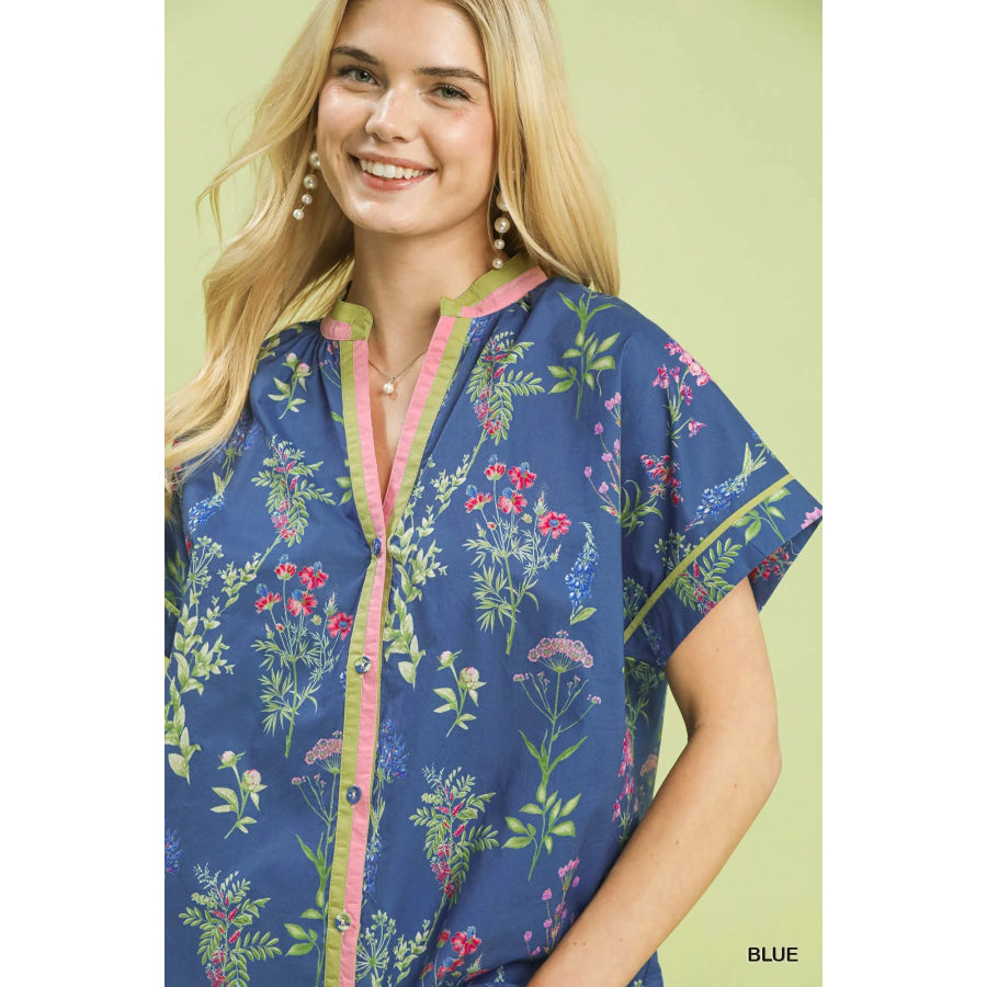 Umgee Botanical Floral Button Front Top Apparel and Accessories