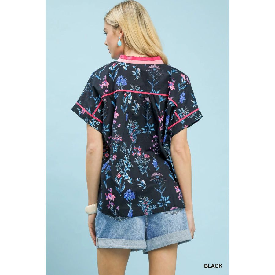 Umgee Botanical Floral Button Front Top Apparel and Accessories