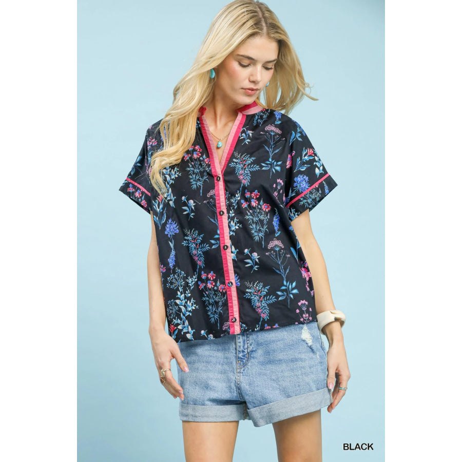 Umgee Botanical Floral Button Front Top Black / S Apparel and Accessories