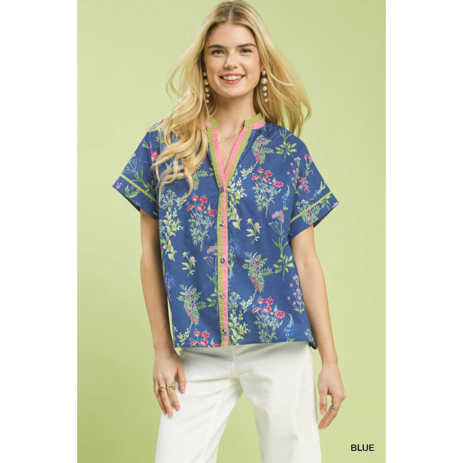 Umgee Botanical Floral Button Front Top Blue / S Apparel and Accessories