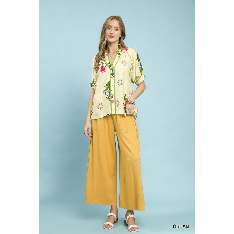 Umgee Botanical Print Contrast Trim Button Blouse Apparel and Accessories