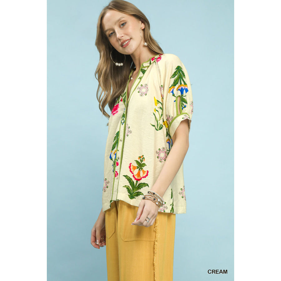 Umgee Botanical Print Contrast Trim Button Blouse Apparel and Accessories