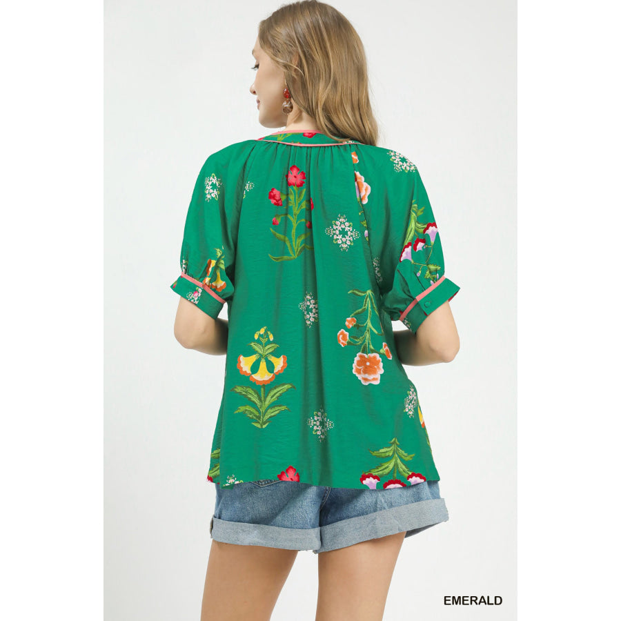 Umgee Botanical Print Contrast Trim Button Blouse Apparel and Accessories