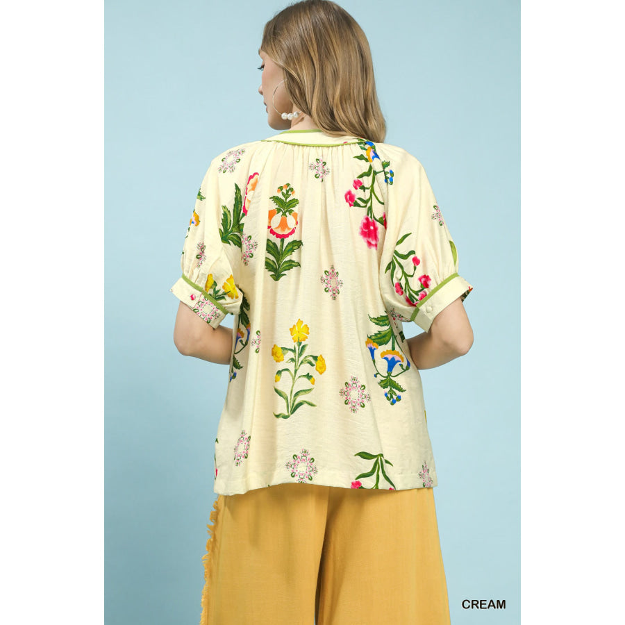 Umgee Botanical Print Contrast Trim Button Blouse Apparel and Accessories
