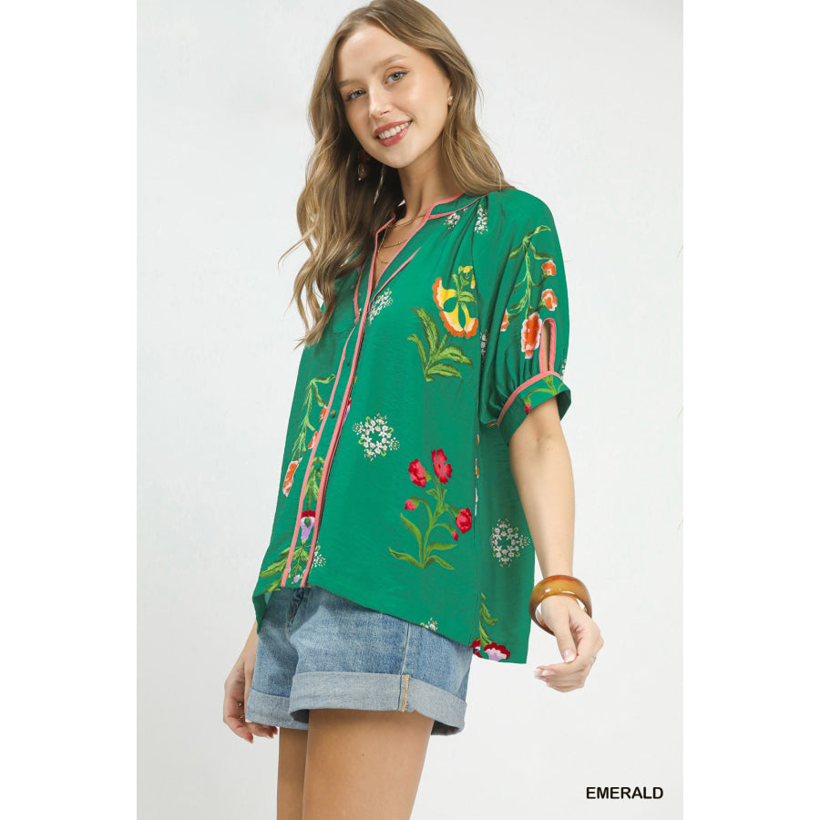 Umgee Botanical Print Contrast Trim Button Blouse EMERALD / S Apparel and Accessories