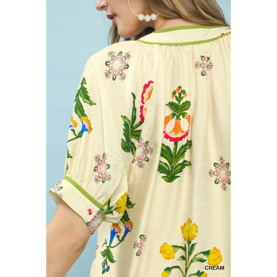 Umgee Botanical Print Contrast Trim Button Blouse Apparel and Accessories