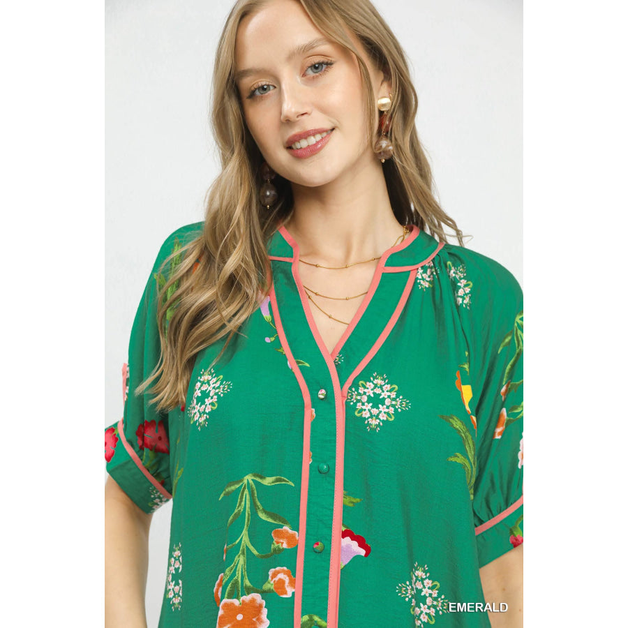 Umgee Botanical Print Contrast Trim Button Blouse Apparel and Accessories