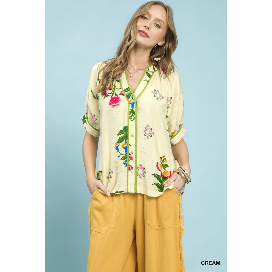 Umgee Botanical Print Contrast Trim Button Blouse CREAM / S Apparel and Accessories