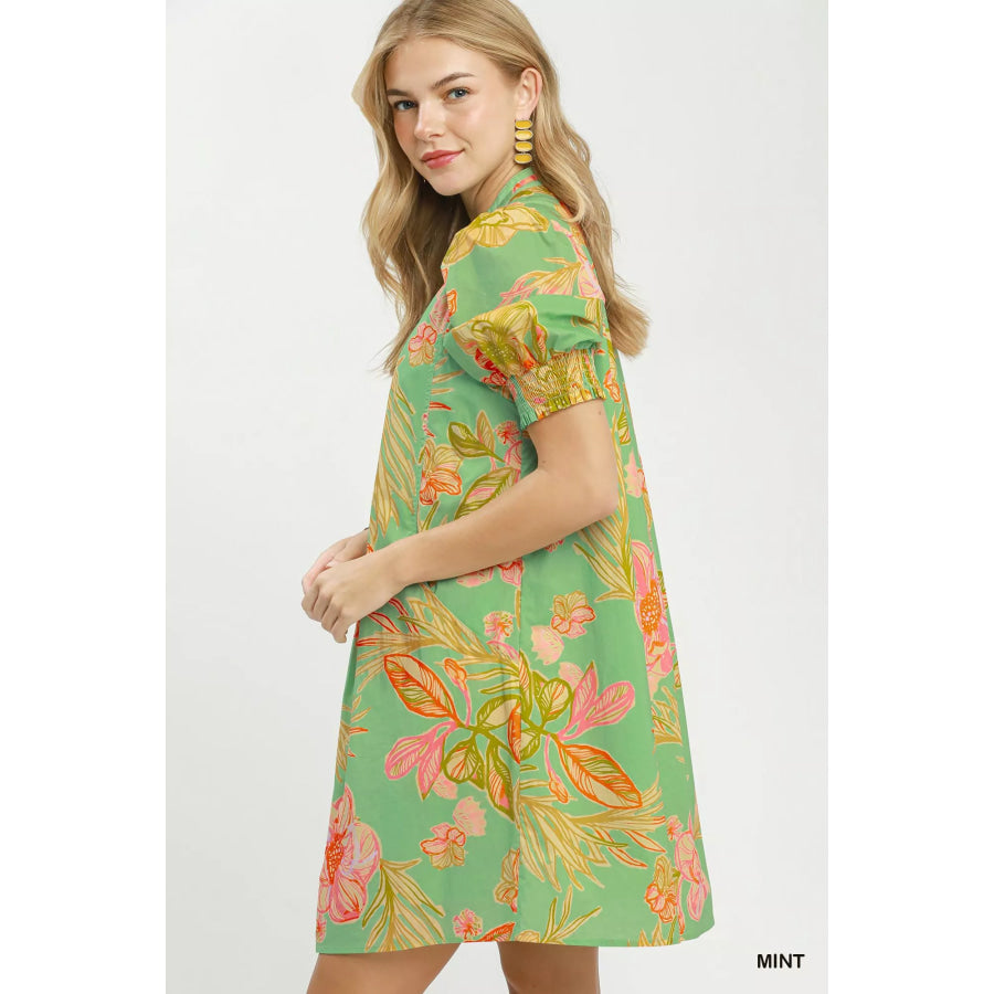 Umgee Botanical Print Dress with Smocked Cuffs Apparel and Accessories