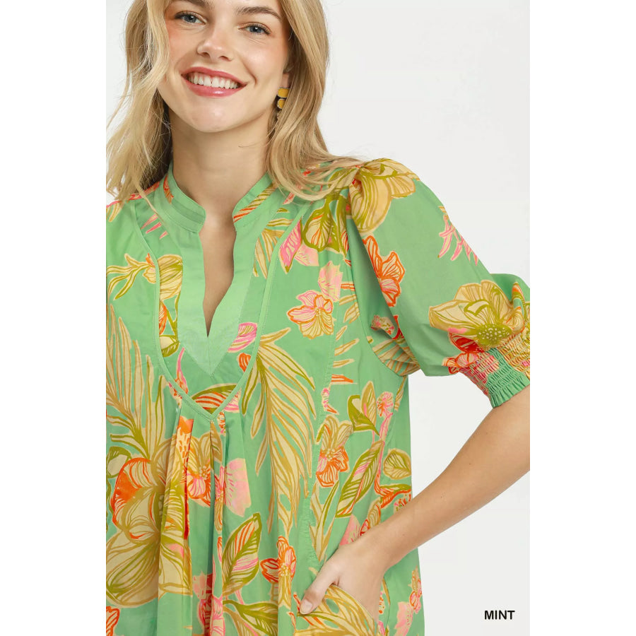 Umgee Botanical Print Dress with Smocked Cuffs MINT / S Apparel and Accessories