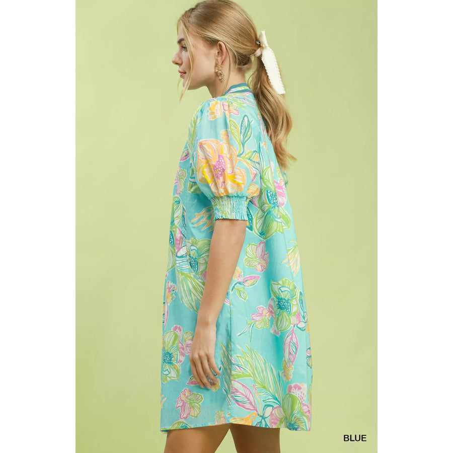 Umgee Botanical Print Dress with Smocked Cuffs Apparel and Accessories