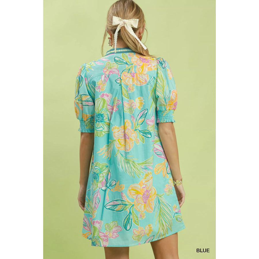 Umgee Botanical Print Dress with Smocked Cuffs Apparel and Accessories