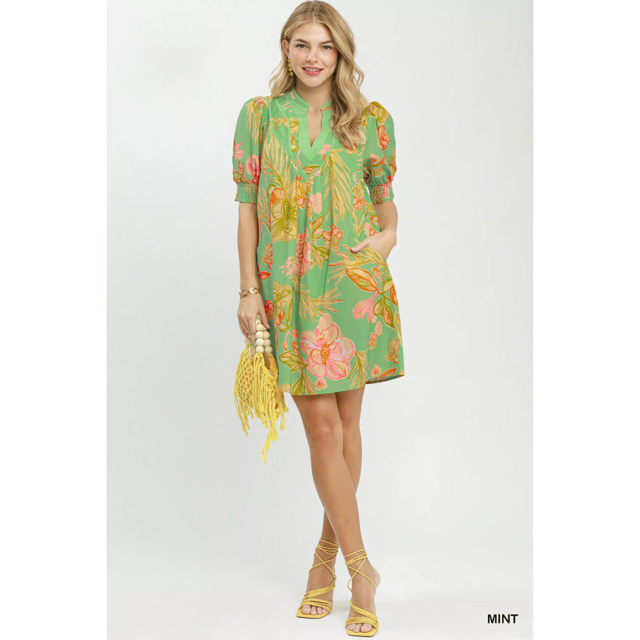 Umgee Botanical Print Dress with Smocked Cuffs Apparel and Accessories