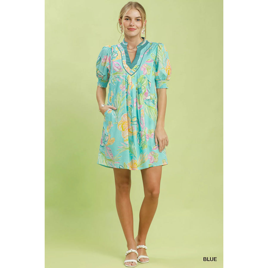 Umgee Botanical Print Dress with Smocked Cuffs Apparel and Accessories